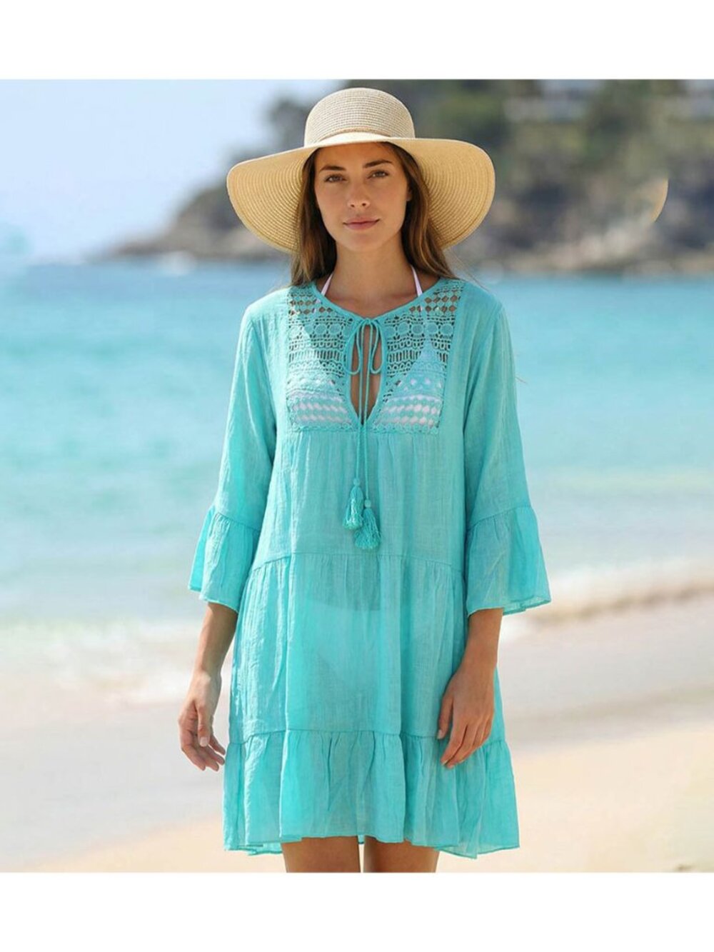 Tigerstars Aqua Lace Detail Relaxed Fit Sheer Beach Cover Up Dress